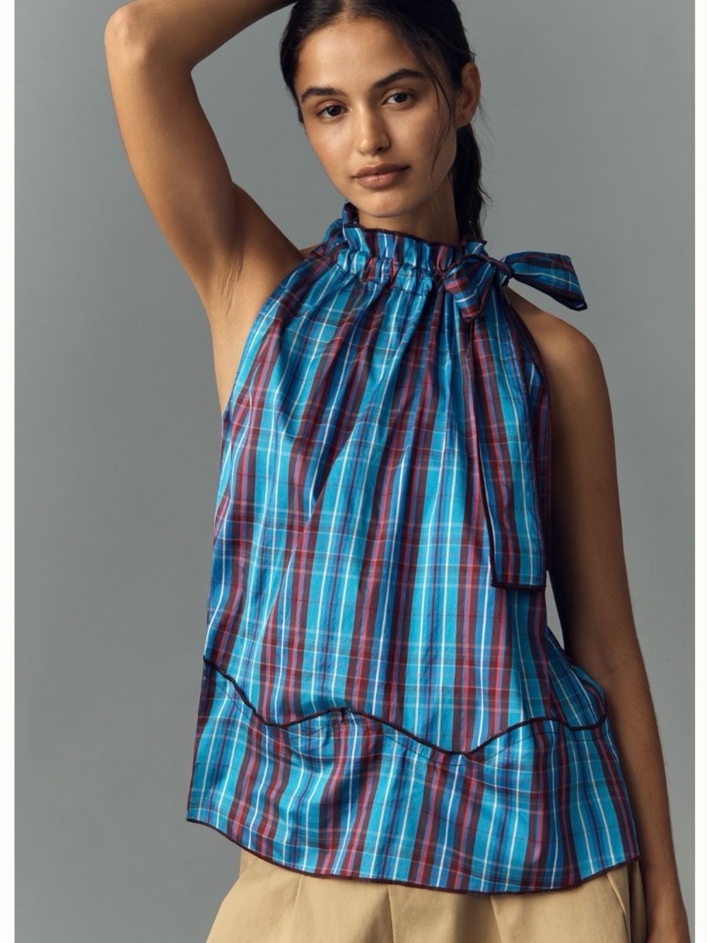 NWT - Maeve x Anthropologie - Sleeveless Blue Plaid Tie-Neck Blouse - Small